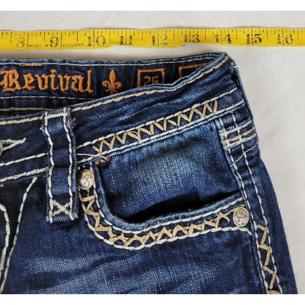 Rock Revival Kai Bootcut Jeans Dark Wash Distressed Thick Stitch Buckle 28x29 - Picture 2 of 11